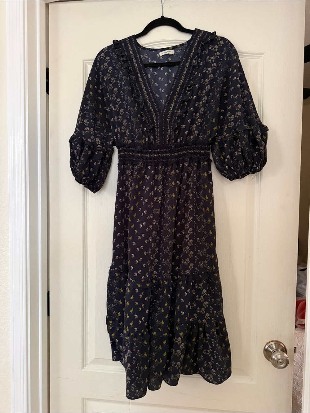 Max Studio Navy Floral V-Neck Midi with Puff Sleeves